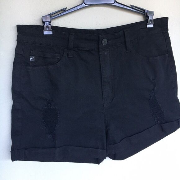Kancan Denim Shorts 13/30 Black High Rise Distressed Cuffed Stretch Y2K Edgy - Picture 2 of 12